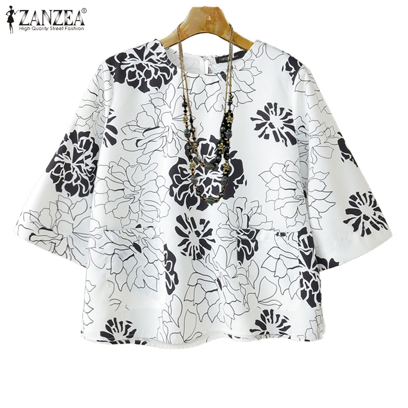 ZANZEA ใส่ ซานเซีย ผู้หญิงเกาหลีวันหยุดสบายๆลูกเรือคอ3/4แขนดอกไม้พิมพ์เสื้อหลวม