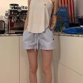 Lovito แคชชวล กางเกงขาสั้นลําลอง ปักลาย สั้น สําหรับผู้หญิง เกาหลี อินเทรนด์ LNA68300
