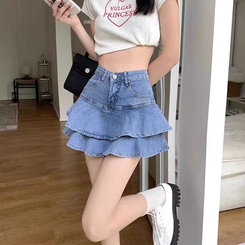 S-6XL 3 สี กระโปรงยีนส์ทรงเอไลน์เอวสูงสไตล์อเมริกันสุดฮอต กระโปรงเค้ก กระโปรงทรงเอ กระโปรงระบาย กระโปรงผู้หญิง