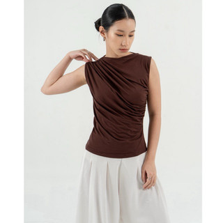AIJO| Irene Top - Atasan Wanita Spandex Kerut - Atasan Wanita Korean Style - Mahogany