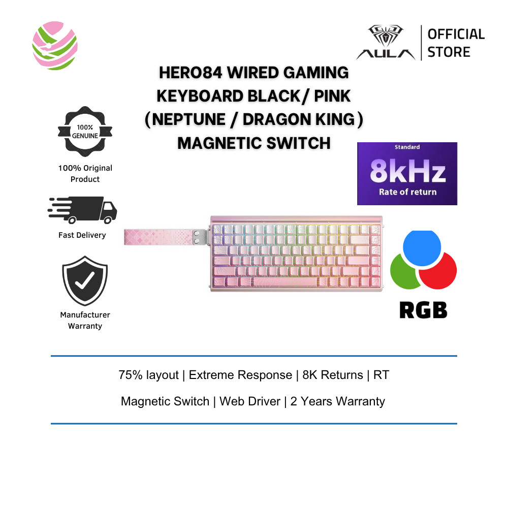 Aula HERO84 คีย์บอร์ดเกมแบบมีสาย Black Pink (Web Driver, 8K Returns, RT, Extreme Response, Neptune /
