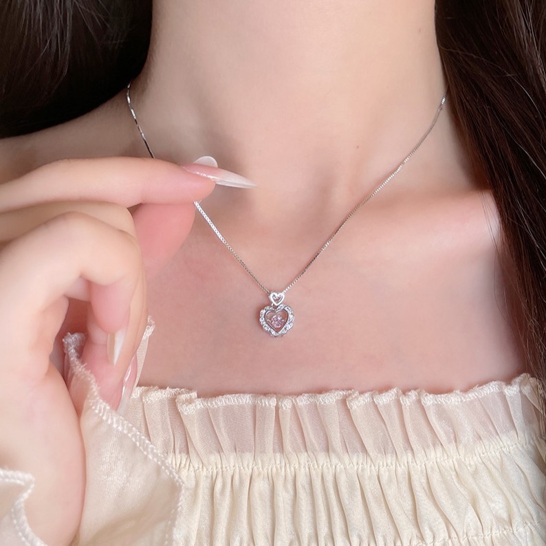 สร้อยคอ ลายหัวใจ จี้สีชมพู ประดับเพชร หรูหราหวาน แฟชั่นเกาหลี เครื่องประดับสำหรับผู้หญิง - รูปที่ 3