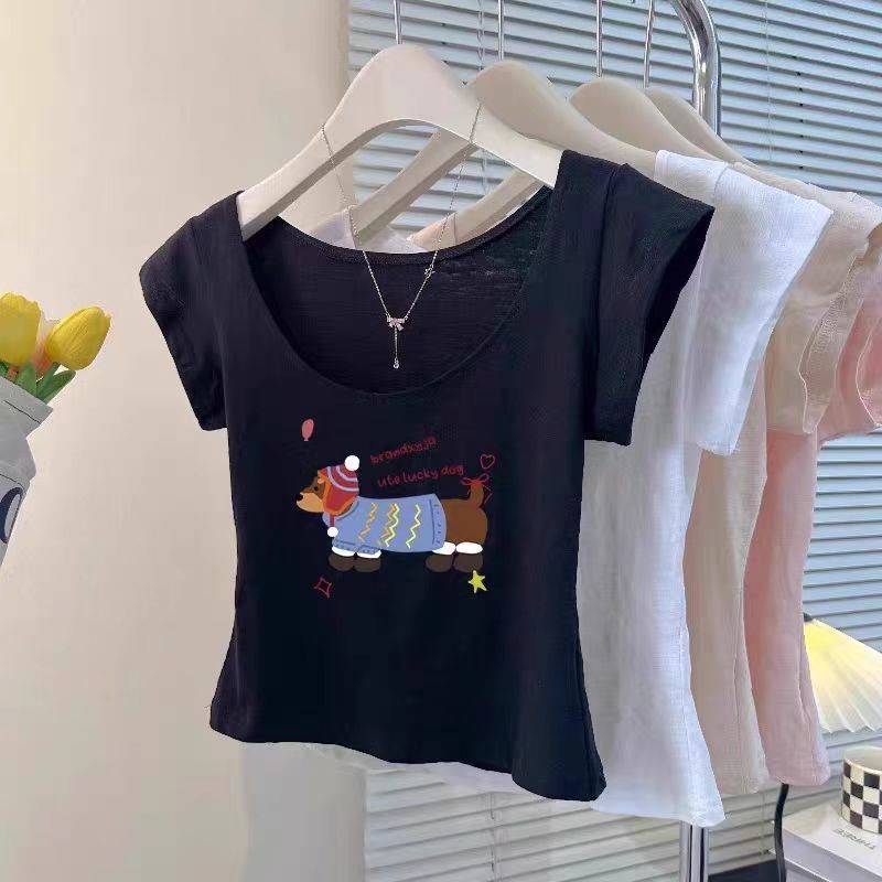 เสื้อยืดผ้าฝ้ายลายพิมพ์แบบ Slub สไตล์เกาหลี สำหรับฤดูร้อน ไหล่โถ่ง แขนสั้น U-neck ทรงเพรียว - รูปที่ 6