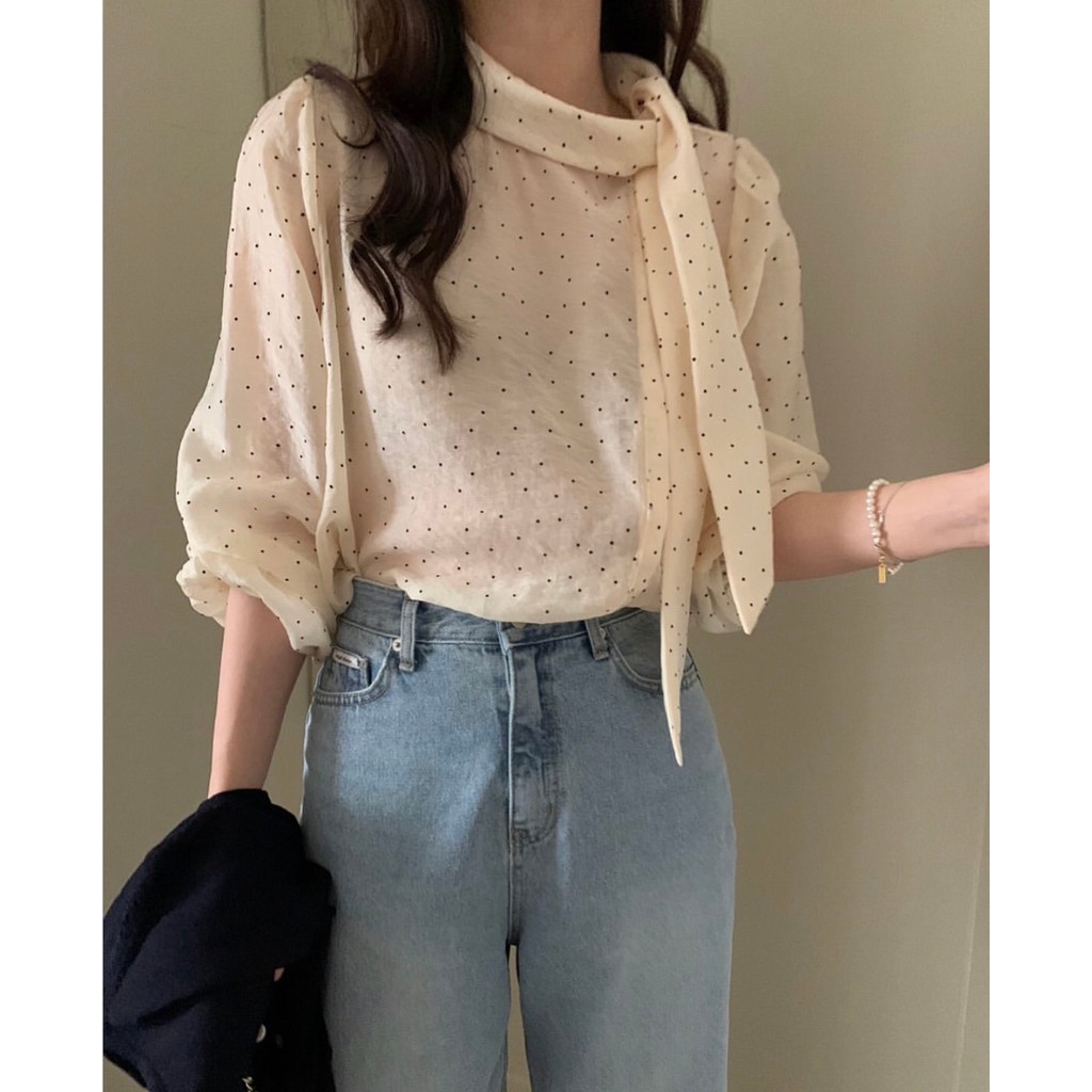 เสื้อเบลาส์แขนยาวลายจุด สไตล์เกาหลี สำหรับหลายโอกาส