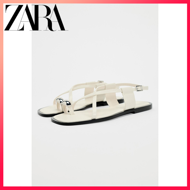 ZARA รองเท้าแตะแบนเชือกรูดสำหรับผู้หญิง ฤดูร้อนใหม่ ประดับด้วยโลหะ
