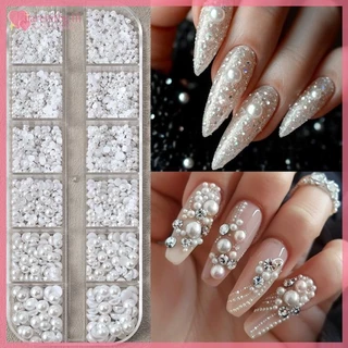 RENBG 12 ตารางผสมด้านล่างแบนมุกครึ่งรอบ Rhinestones 3D ตกแต่งเล็บเครื่องประดับเล็บ Charm เล็บ Art TH