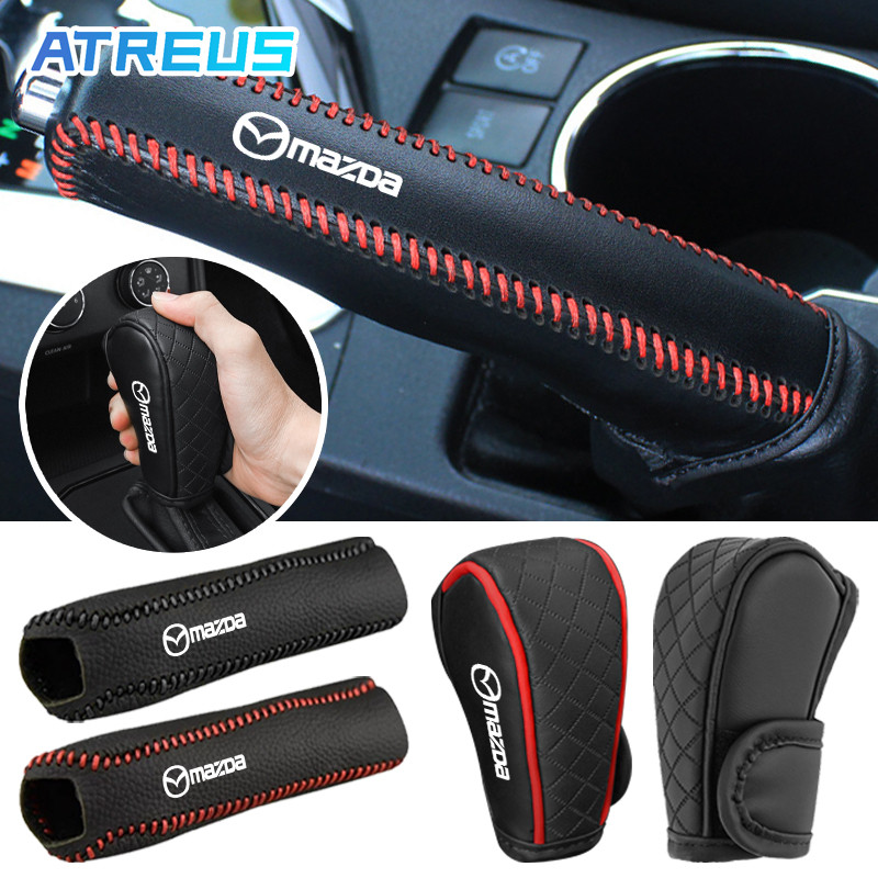 Mazda ฝาครอบเกียร์เบรกมือ หนัง ปลอกหนังหุ้มคันเกียร์รถยนต์ ที่ปรับระดับเกียร์ ฝาครอบ ปลอกหุ้มลูกบิดเ