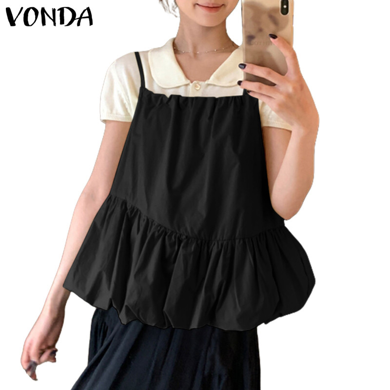 VONDA ผู้หญิง สไตล์เกาหลี คอเหลี่ยม-tank แขนกุด พิมพ์ลายพอง.camisole