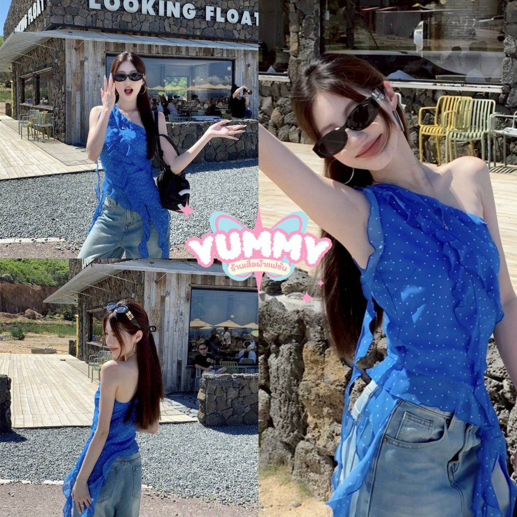 🎀Yummy Shop🎀พร้อมส่ง (FY2908) เสื้อกล้าม สไตล์เกาหลี ดีเทลลายข้างเดียว สีน้ำเงินลายจุด ดีเทลปลายหยักเก๋ๆ