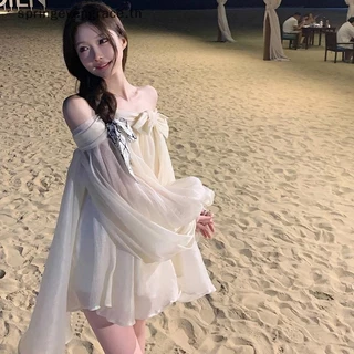 ชุดเดรสชีฟองแขนกุดเปิดไหล่พร้อมโบว์ สไตล์น่ารักสำหรับฤดูร้อน ออกแบบใหม่ให้สวมใส่ง่ายและคล่องตัว