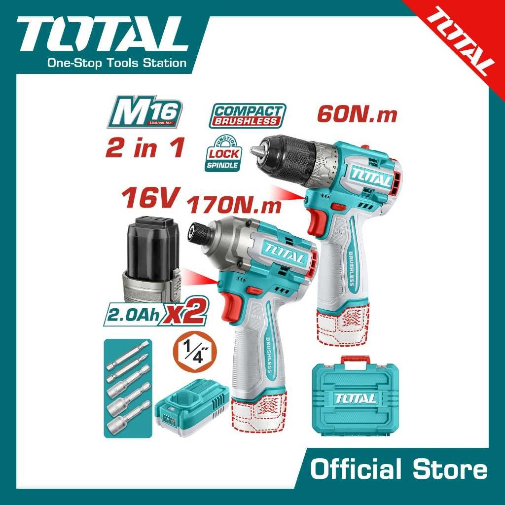 TOTAL COMBO SET 88 ไขควงกระแทก 170 N.m +สว่านไร้สาย 66 N.m 16 โวลท์ (แบต2ก้อน+แท่นชาร์จ) TOSLI240968