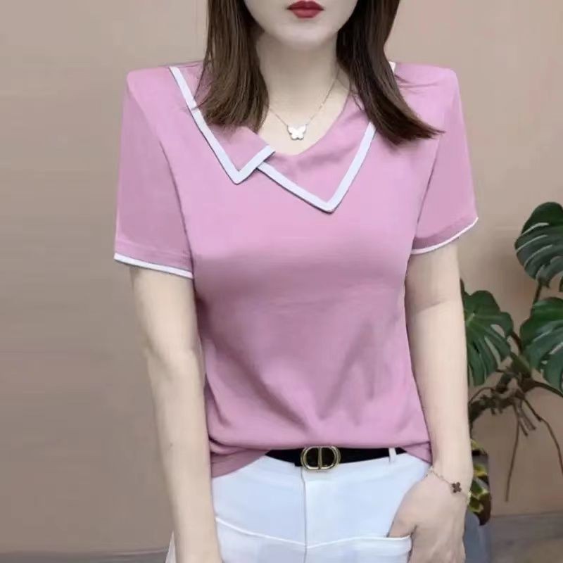 เสื้อยืดแขนสั้นพิมพ์ลายดีไซน์สีดําสําหรับผู้หญิงฤดูร้อนใหม่คอกลมหลวมระดับไฮเอนด์ด้านบน