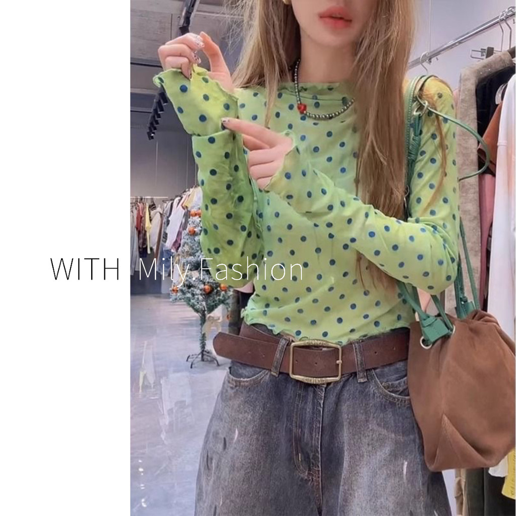 Milyfashion เสื้อยืดแขนยาวผู้หญิง ลายพอลคอดอทและทำจากผ้ากอซ สไตล์ใหม่สำหรับฤดูร้อน