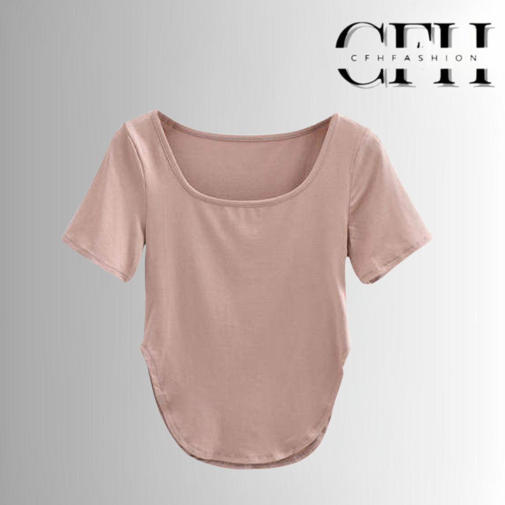 CFH BJ1172 เสื้อยืดสแปนเด็กซ์ผู้หญิงเกาหลีเซ็กซี่แขนสั้นคอยูแฟชั่น