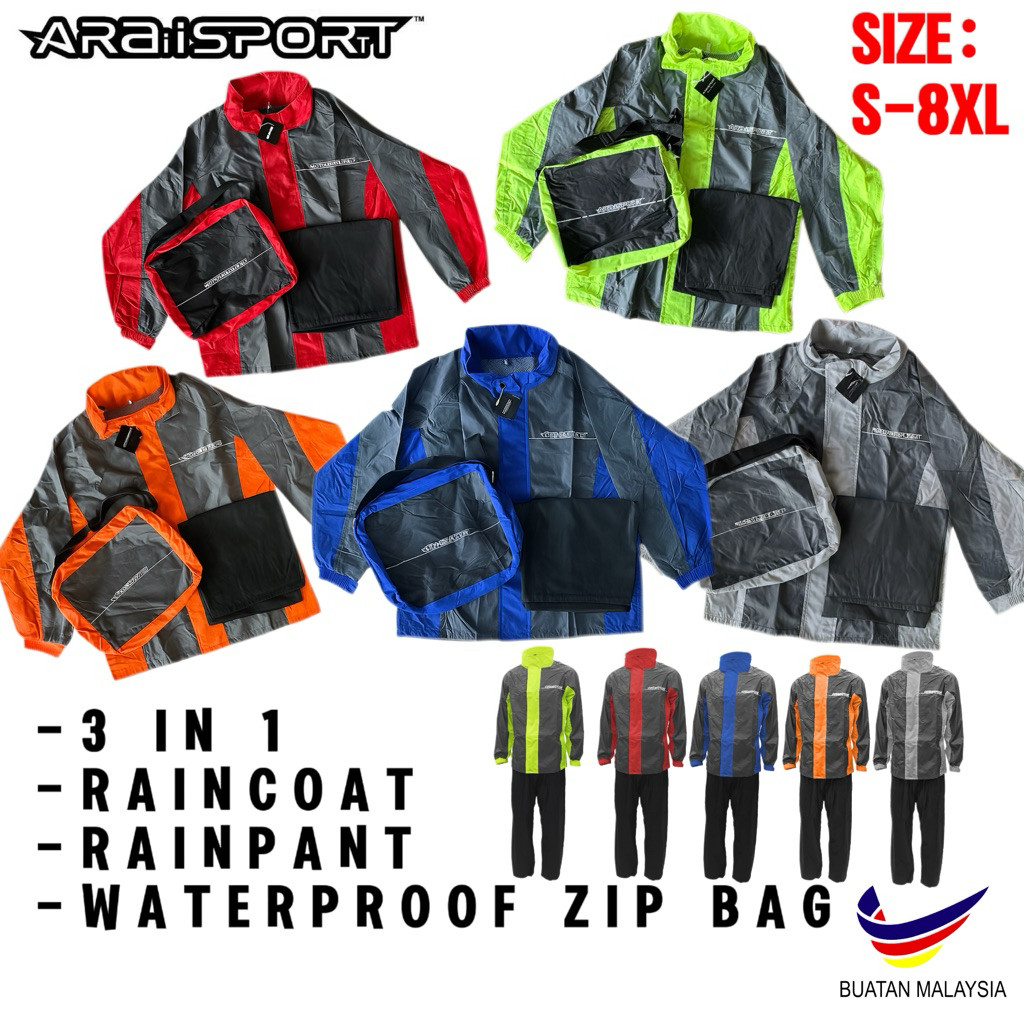 BBM ARAlSPORT RAINCOAT BAJU HUJAN DOUBLE LAYER POLYESTER ฟรีกระเป๋ากันน้ํา S-8XL KALIS AIR TEBAL GIV