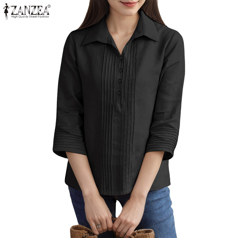 ZANZEA บลัซเซอร์สำหรับผู้หญิง สไตล์เกาหลี แขนกึ่งยาว พับ pleat และปุ่มครึ่งตัว เหมาะสำหรับการทำงานและการแต่งตัวในวันหยุด