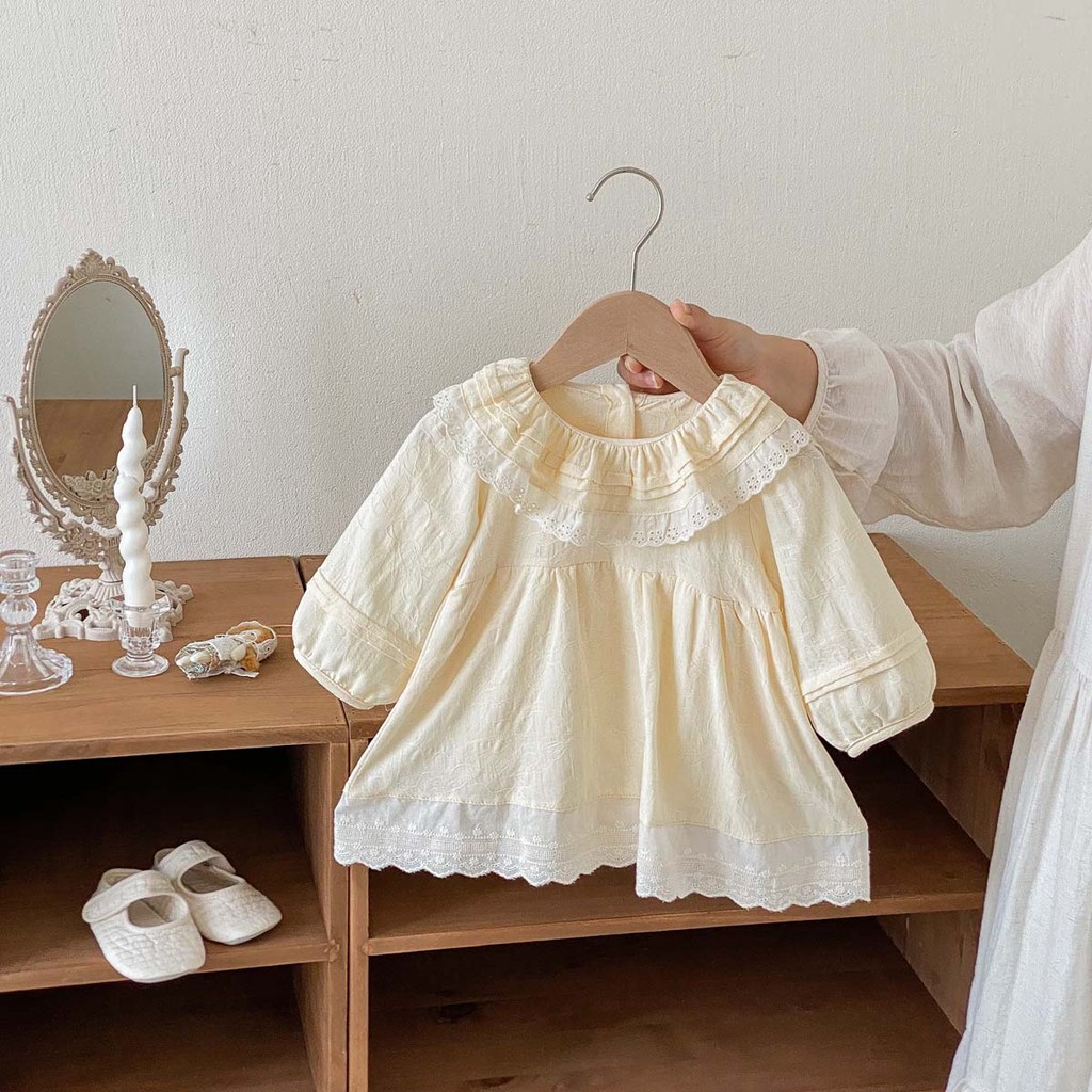 ชุดเดรสแขนยาวลูกไม้สีเหลืองอ่อนสำหรับทารกผู้หญิงวัย 0-2 ปี นุ่มสบาย