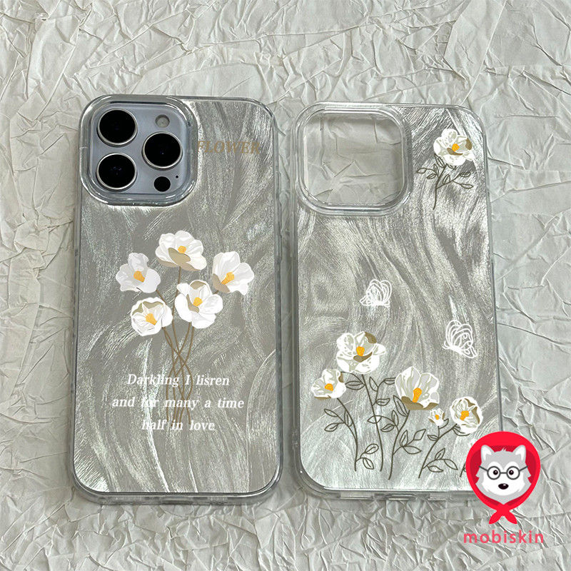เส้นด้ายขนนกสีเงิน สวยมาก ส่งจากไทย พวงของดอกไม้สีขาว for iPhone 16 15 14 plus เคสไอโฟน 13 12 11 PRO MAX X XS MAX XR 7/8