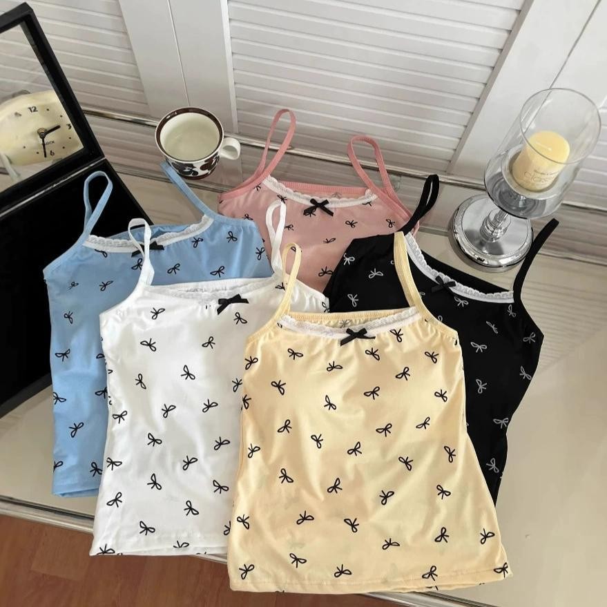 LunaBra เสื้อกล้าม ลายโบว์ ยืดได้ มีฟองน้ำ เสื้อฟรีไซต์ อก28-38 ใส่ได้ มินิมอล เสื้อผู้หญิง