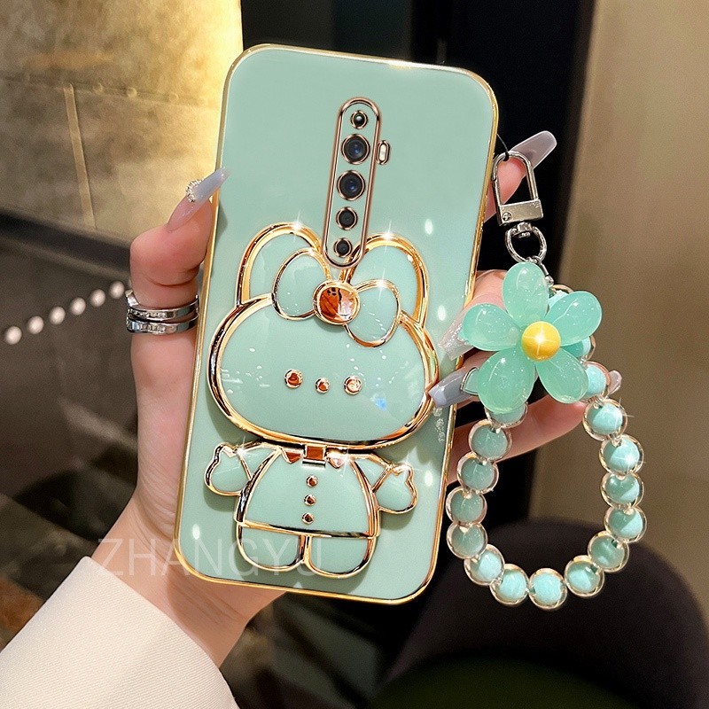 ปลอก OPPO Reno OPPO RENO 2 RENO 2F RENO2 F เคสโทรศัพท์ TPU 3D กระต่ายสเตอริโอขาตั้ง Ultra Thin Electroplated Soft Case Shock Protection Case พร้อมสร้อยข้อมือ