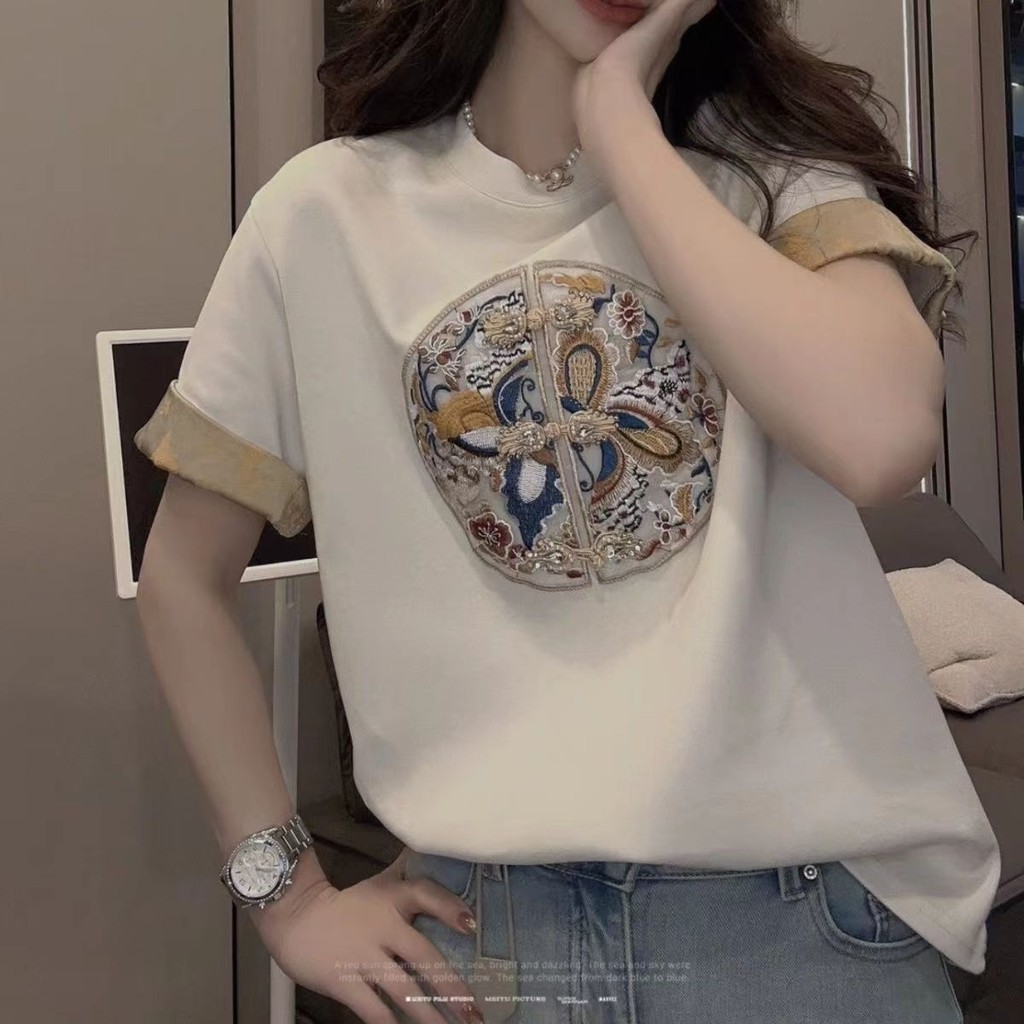 ใหม่หลวมและบางปักเสื้อยืดผู้หญิงอเนกประสงค์ย้อนยุค
