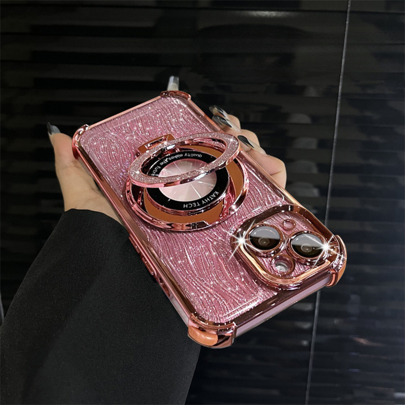 Electroplated สี่มุมถุงลมนิรภัย Water ripple กระดาษแข็งเงาแม่เหล็กวงเล็บเคสโทรศัพท์เข้ากันได้สําหรับ iPhone15promax 14promax 13promax 15pro 14pro 13pro 11 11promax ปลอก