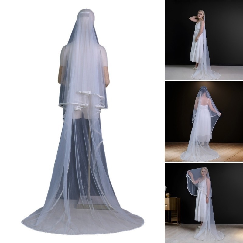 Fine Wedding Veil Beaded Studded Pearls Encrusted Veil เจ้าสาวผม Accessoies Sheer