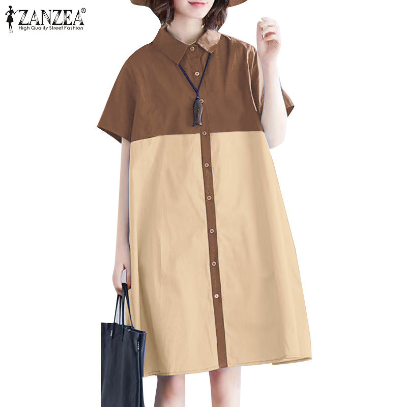 ZANZEA ใส่ ซานเซีย ผู้หญิงเกาหลีสบายๆเย็บปะติดปะต่อกันเปิดลงปกแขนสั้นเสื้อชุด