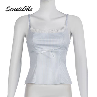 SweeticMe แฟชั่นใหม่ของผู้หญิงลูกไม้สลิมฟิตโบว์สายลายหวานเสื้อกล้ามสายเดี่ยว