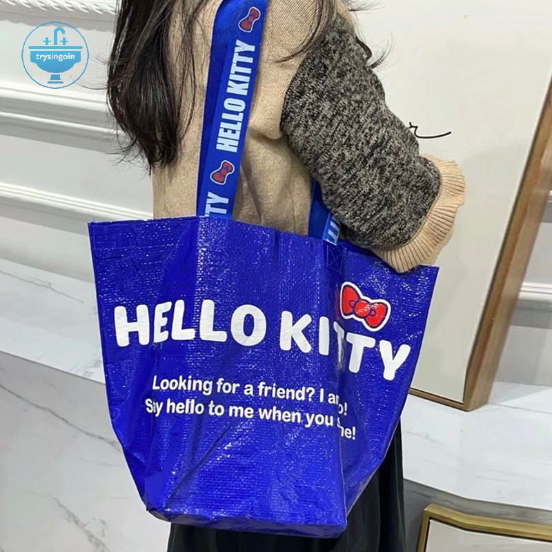 [trysingoin] Super Kawaii Blue Kittys พิมพ์ช้อปปิ้งกระเป๋าไนลอนเป็นมิตรกับสิ่งแวดล้อมกระเป๋าทอมือหนึ่งไหล่น่ารักและทนทานกระเป๋า TH