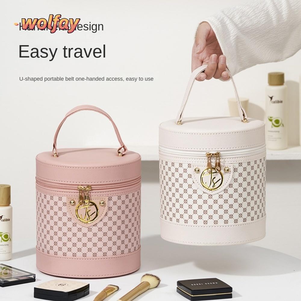 กระเป๋าเครื่องสําอาง WOLFAY ความจุขนาดใหญ่ ทนทาน|กระเป๋าแต่งหน้าทรงกลมตอง, กระเป๋าแต่งหน้า PU กระเป๋าเก็บของแบบใช้ซ้ําได้