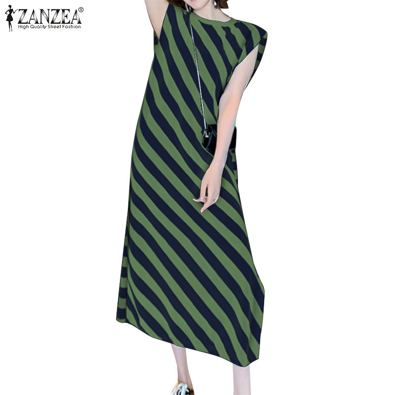 ZANZEA ซานเซีย ชุดเดรสวันหยุดลายทางคอกลมแขนสั้นเกาหลีสําหรับผู้หญิง