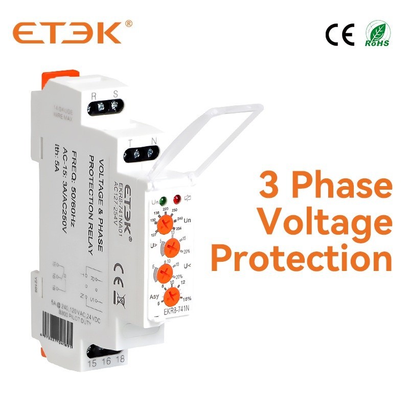 ✡ETEK 3 Phase Voltage Protection Relay Over-voltage Phase Failure SPDT Three Phase 220V 380V 480V 12