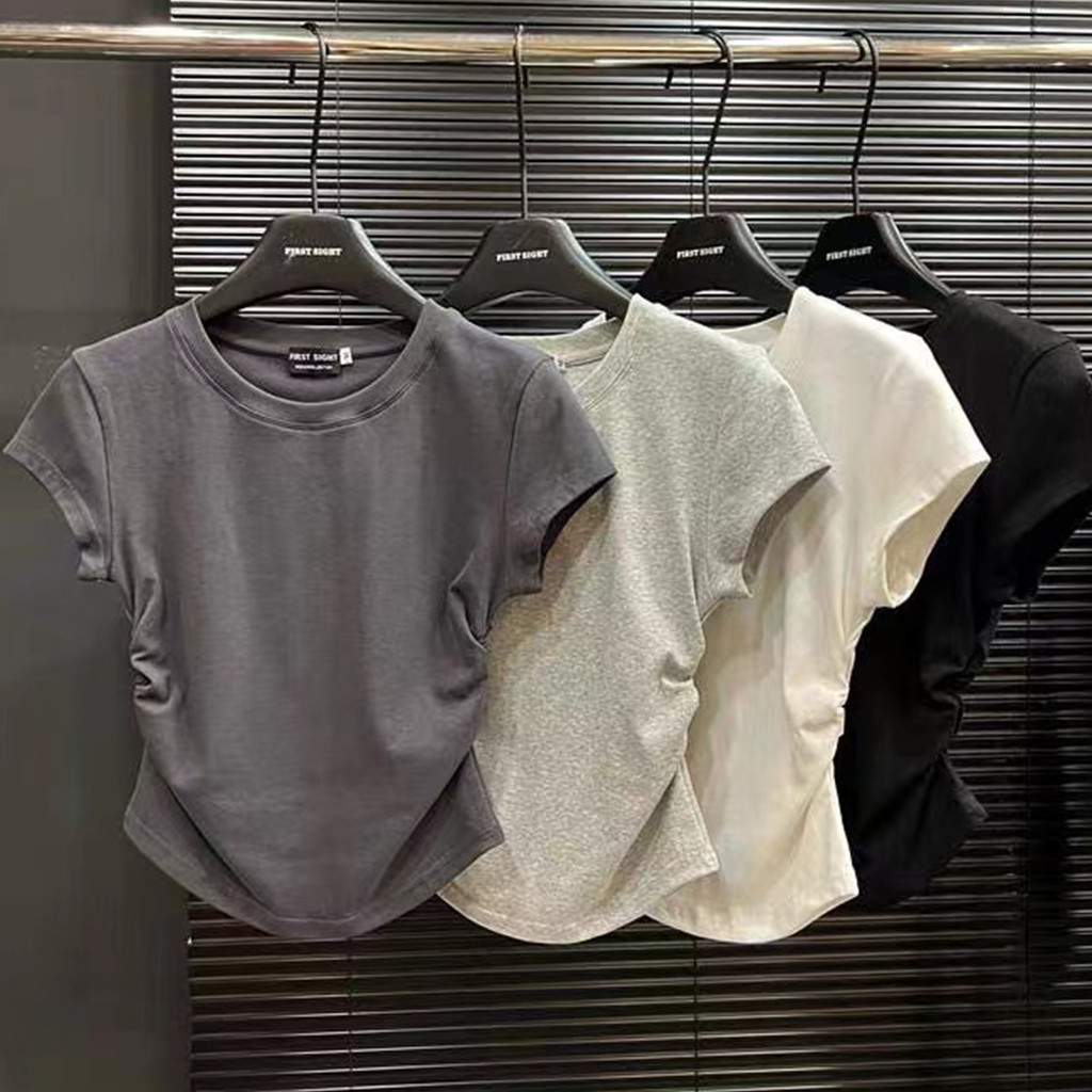 เสื้อยืดผู้หญิง แต่งจีบย่น สีพื้น สไตล์ลำลอง   เสื้อผ้าผู้หญิง แขนสั้น เอวแคบ สลิม สีขาว สไตล์เกาหลี