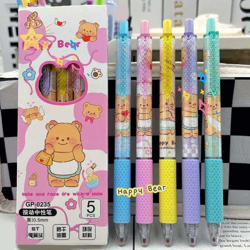 [JBTH] 5 ชิ้น/กล่องน่ารัก Butter Bear Wrig ปากกา 0.5 มม.ปากกาเจล St Tip Sig ปากกาสํานักงานนักเรียน Quick Drying ปากกาหมึกสีดํา [JB]