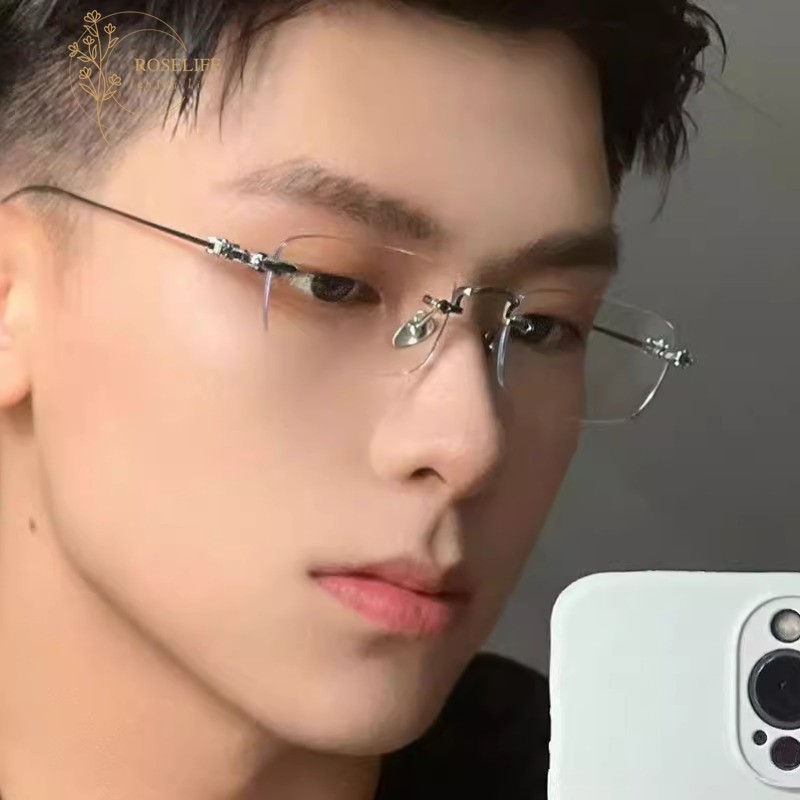 Roselife คลาสสิก Unisex โลหะเงิน Rimless แฟชั่นแว่นตาสําหรับผู้หญิงผู้ชาย Blue Light Blocking เลนส์น้ําหนักเบาแว่นตาแว่นตาเครื่องประดับ