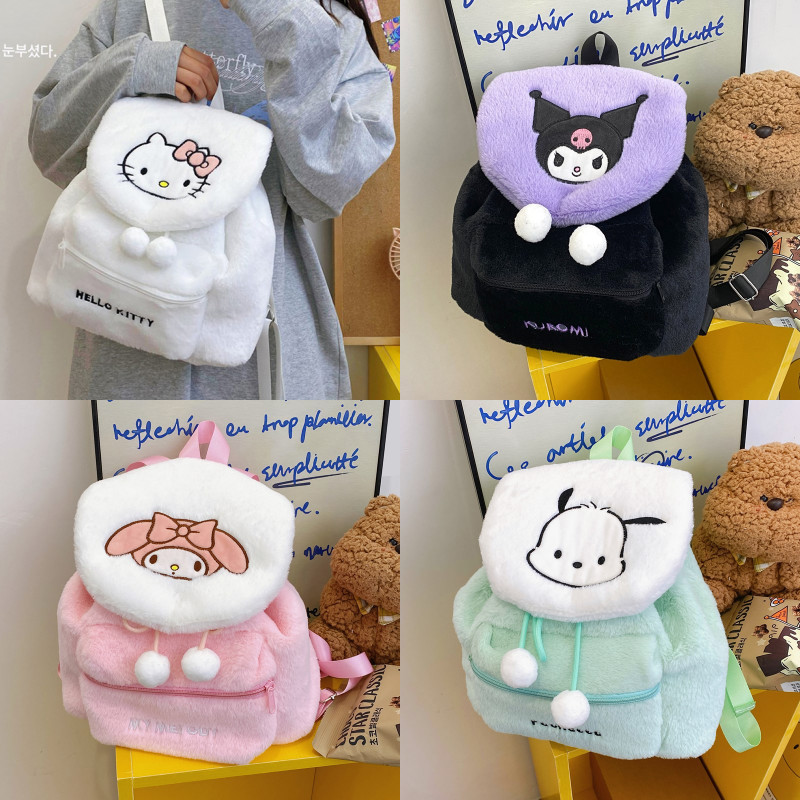 Sanrio Plush กระเป๋านักเรียน Kawaii Furry กระเป๋าสะพาย Simple All-match กระเป๋าถือน่ารัก Fluffy Satchel Tote กระเป๋าเป้สะพายหลังการเดินทางสั้นสําหรับสาว