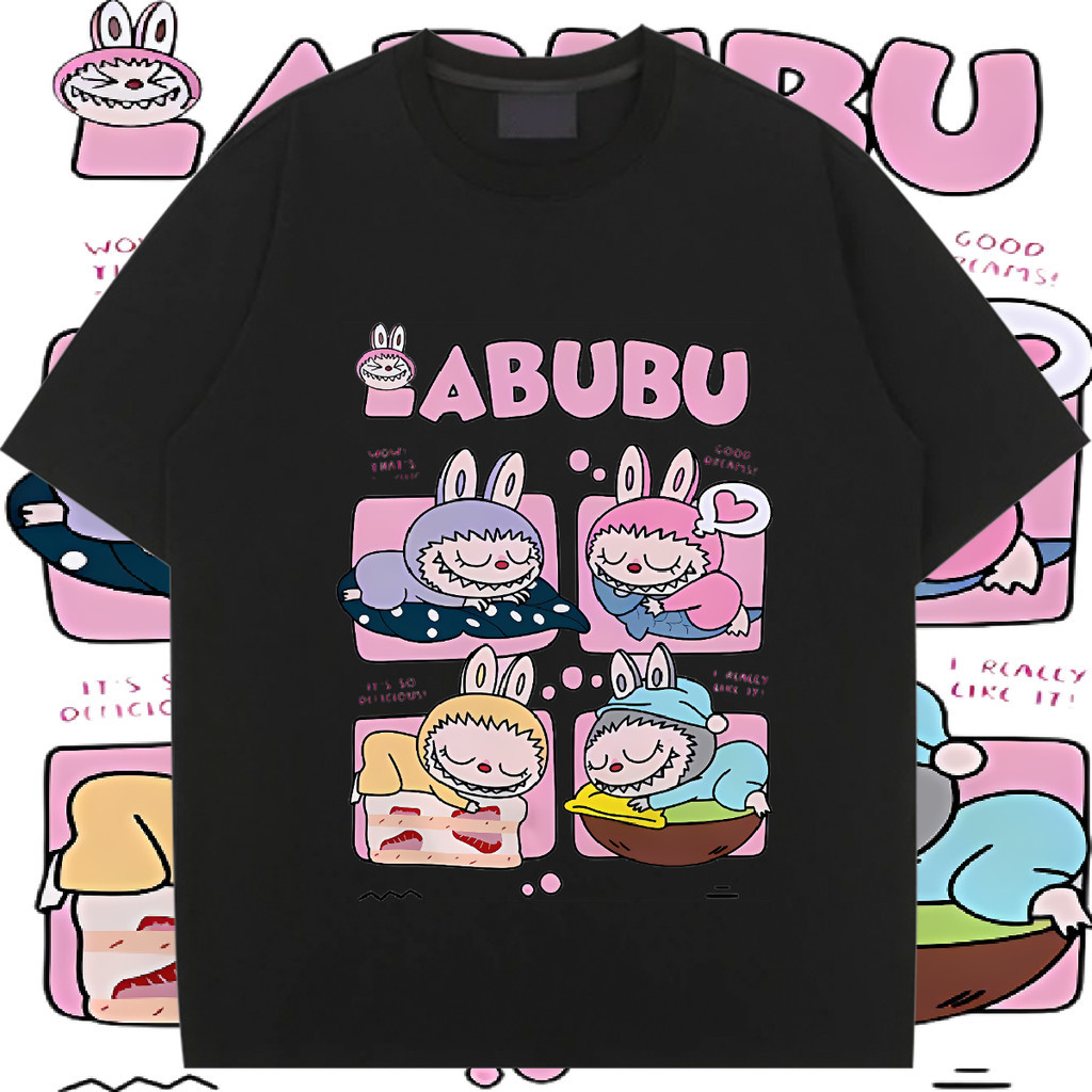 POPMART labubu การพิมพ์ หลวม ระบายอากาศได้ ขนาดบวก เสื้อเชิ้ตผ้าฝ้าย