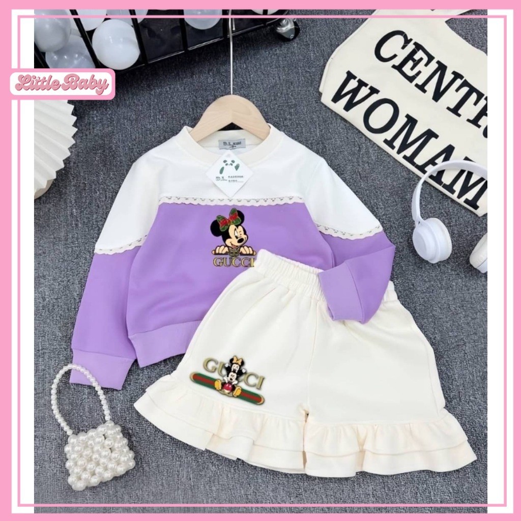 ชุดเซ็ทเสื้อแขนยาว+กางเกงขาสั้นงระบาย เนื้อผ้าคอตตอน มี5สี น้ำหนัก5-28กิโล รหัสGG123