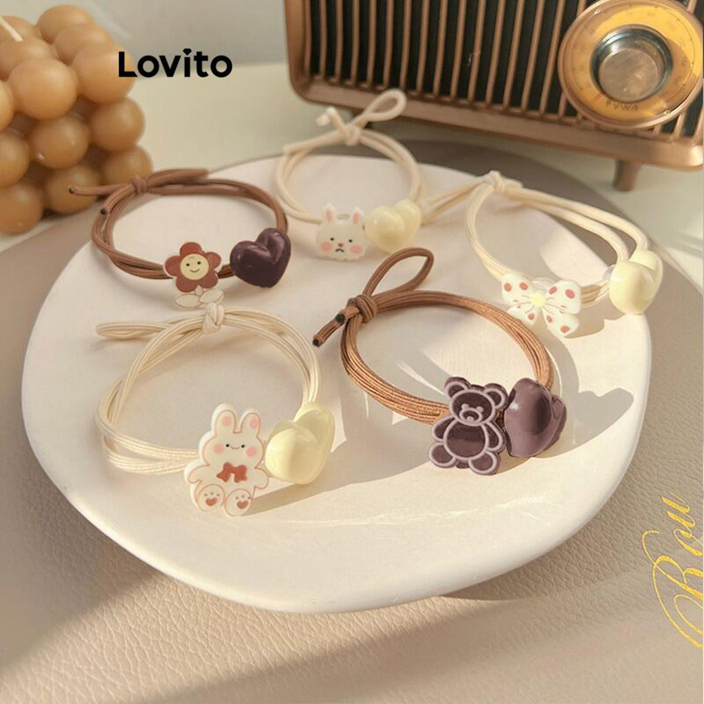 Lovito ยางรัดผมหญิง แต่งจี้การ์ตูนกระต่าย หมี โบว์ หัวใจ สไตล์น่ารัก LFA37293
