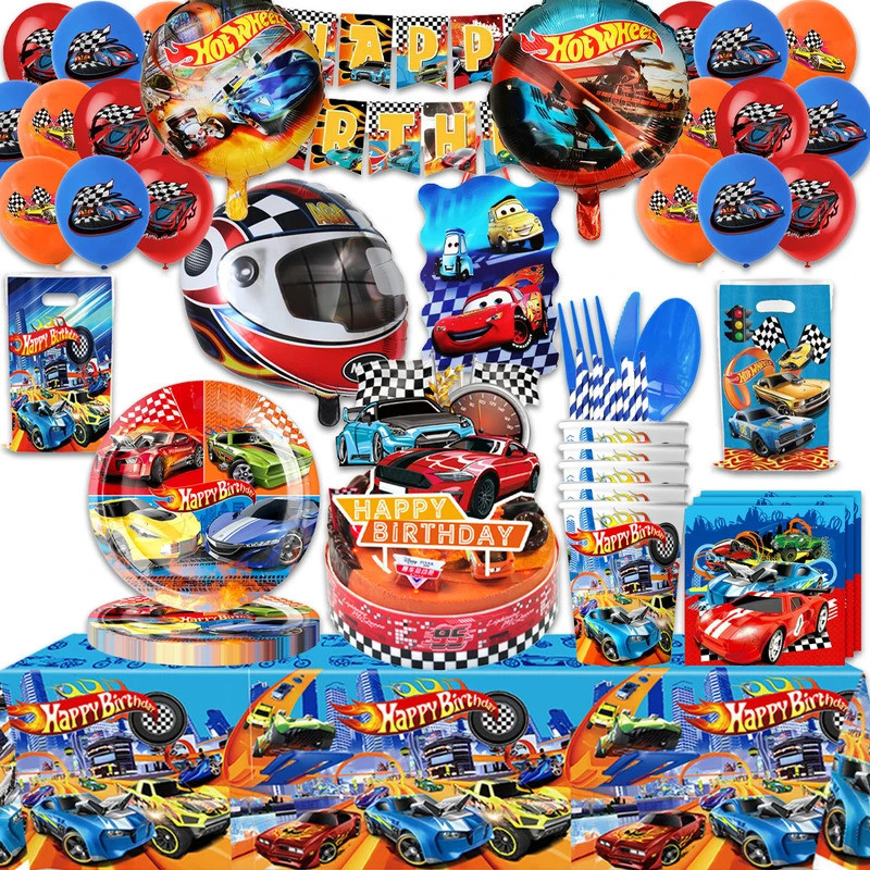 Hot Wheels Birthday Party ตกแต่งทิ้งบนโต๊ะอาหารเด็กทารกสาวโปรดปราน Racing รถ Pinata แผ่นกระดาษถ้วยผ้าปูโต๊ะ