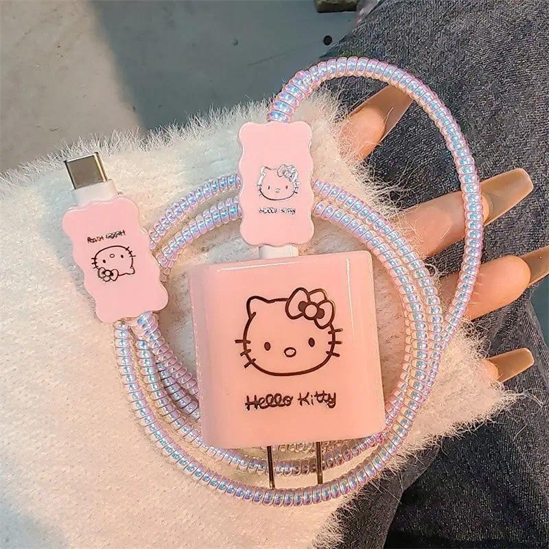 Diy Sanrio Pink Hello Kitty Charger Data Cable Protection Cover and Winding Kit ใช้งานร่วมกับ Apple 18W 20W Charger Adapter