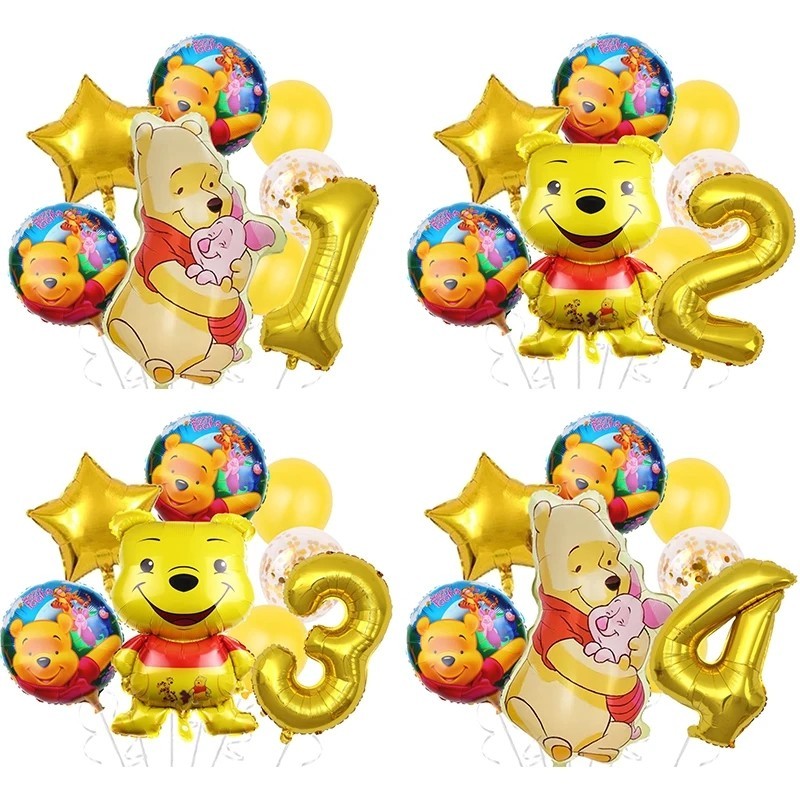 8ชิ้น/เซ็ตหมีพูห์ชุดงานเลี้ยงวันเกิดลูกโป่งอลูมิเนียมฟอยล์เด็กตกแต่งงานเลี้ยงวันเกิดครั้งแรก