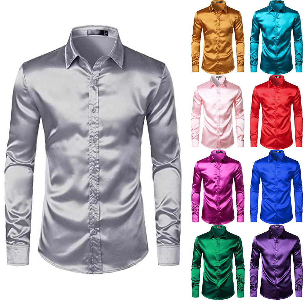 เสื้อเชิ้ตผ้าซาตินเคลือบเงาผู้ชายแขนยาวสีทึบคุณภาพสูงสลิมฟิตสําหรับงานปาร์ตี้งานแต่งงาน
