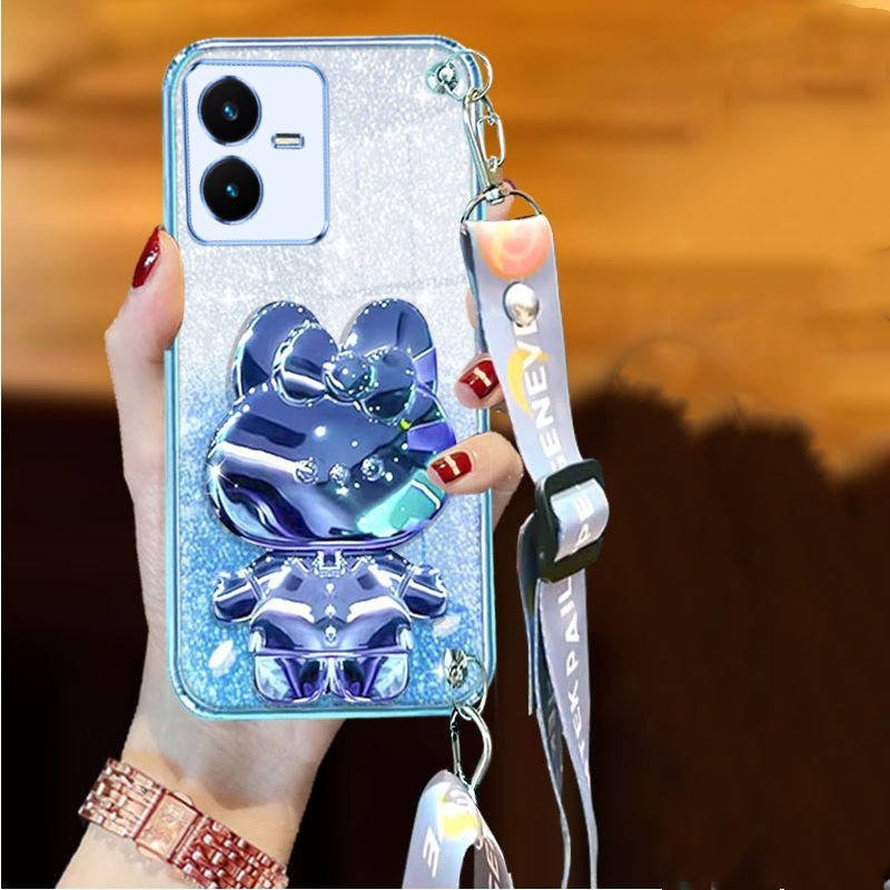 เคส Vivo Y18 Y03 Y02 Y02S Y16 Y17S Y11 Y12 Y15S Y15A Y01 Y20i Y20 Y20S Y12A Y12S Y21 Y33S Y21S Y22 Y22S Y27 Y35 Y76S Y76 Y78 Y36 Y72 Y75 Y55 Y77E Y85 V9 Y95 Y91 Y91C Y93 V21 V21 สายรัดข้อมือยาวสไตล์กระต่ายเครื่องสําอางที่วางยึดกระจกหรูหราเคสโทรศัพท์