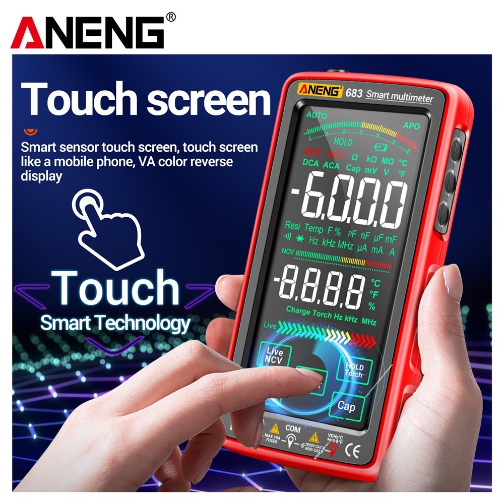 มัลติมิเตอร์ Aneng 683 มัลติมิเตอร์วัดแรงดันไฟฟ้า AC/DC หน้าจอสัมผัส NCV 6000 ครั้ง