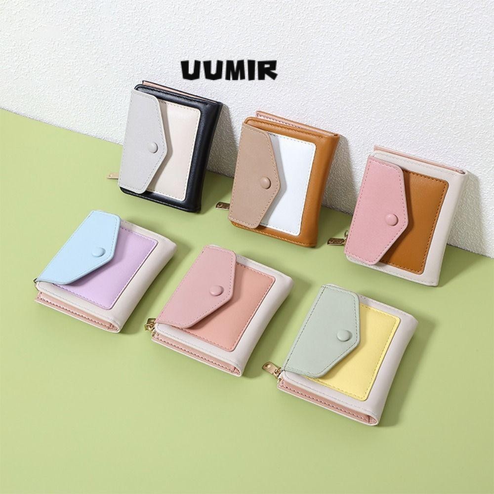UUMIR กระเป๋าสตางค์ใบสั้นกระเป๋าใส่เหรียญหนัง ปู่ ขนาดเล็กพร้อมซิปเย็บกระเป๋าเงินสีตัดกันนักเรียน