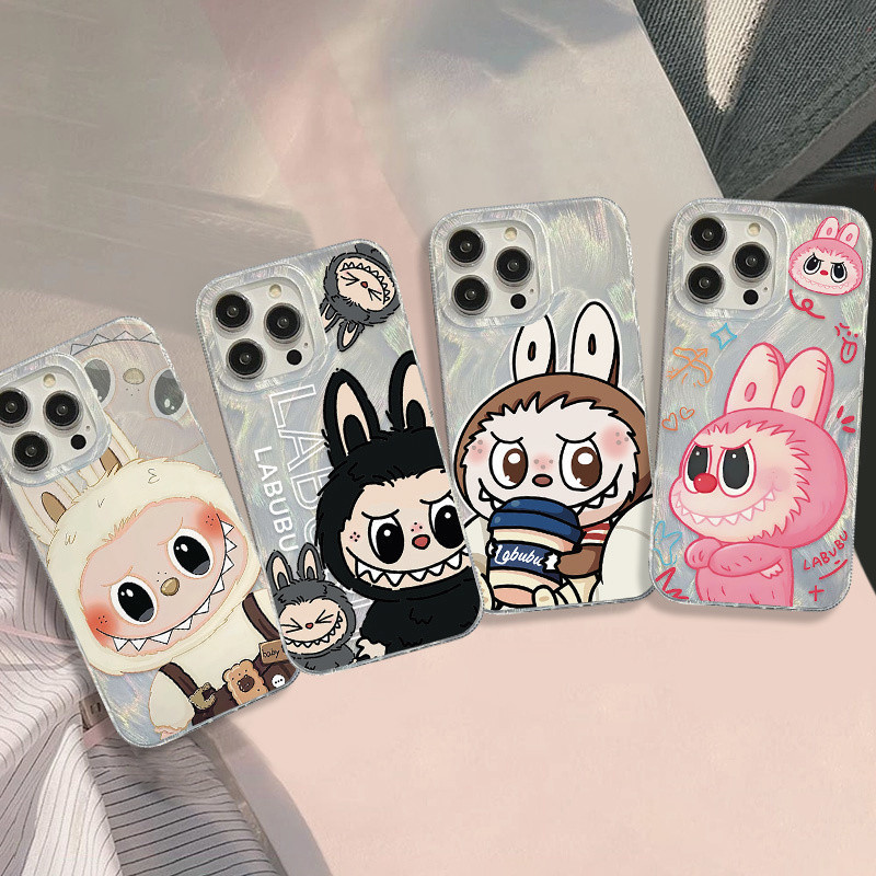 สําหรับ OPPO A60 A38 A18 A17 A57 A15 A5S A7 A35 A53 A31 A74 A58 A92 A33 A78 A98 A76 A77 A54 Reno 8T 12 น่ารักหรูหราเส้นด้ายสีฟ้า Graffiti Art Labubu กรณีเลเซอร์