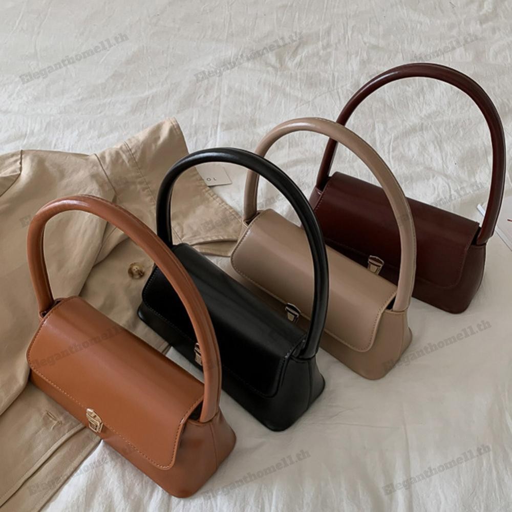 กระเป๋าสะพายสตรี Casual Retro Tote Bag PU Leather Solid Underarm Handbags