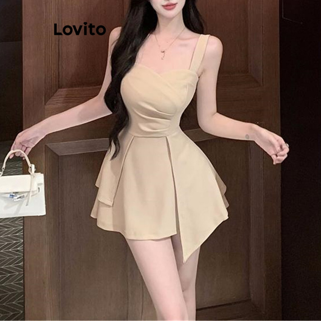 Lovito เดรสผู้หญิง แต่งจีบ สีพื้น สไตล์ลำลอง LNE69021